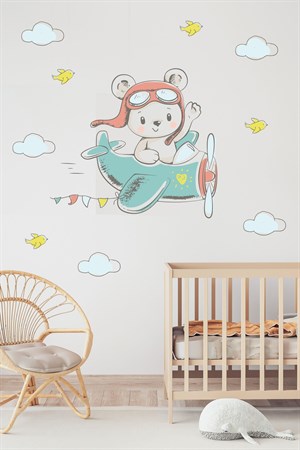 Uçakta Uçan Ayıcık Soft Renklerde Çocuk Odası Sticker