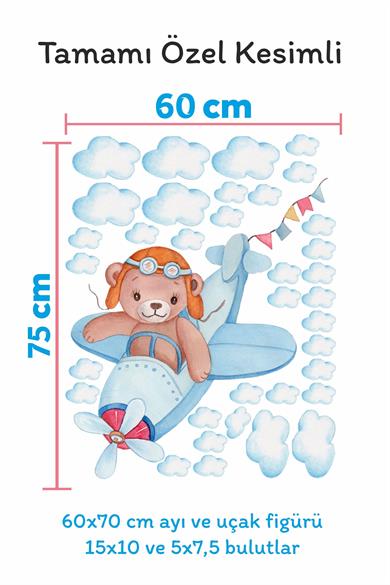 Uçakta Uçan Sevimli Ayıcık ve Bulutlar Çocuk Bebek Odası Sticker Seti