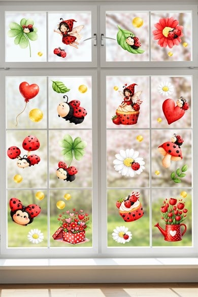 Uğur Böceği Çift Taraflı Cam Sticker Seti 44 Parça | Sevimli Papatya, Kalp ve Peri Figür Cam Sticker
