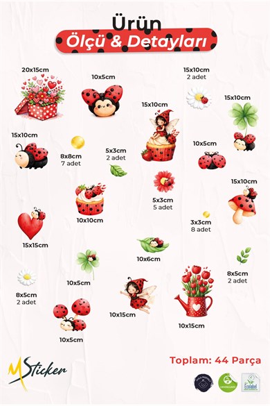 Uğur Böceği Çift Taraflı Cam Sticker Seti 44 Parça | Sevimli Papatya, Kalp ve Peri Figür Cam Sticker