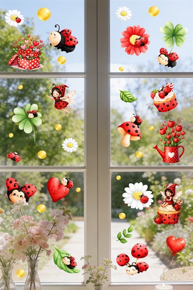Uğur Böceği Çift Taraflı Cam Sticker Seti 44 Parça | Sevimli Papatya, Kalp ve Peri Figür Cam Sticker