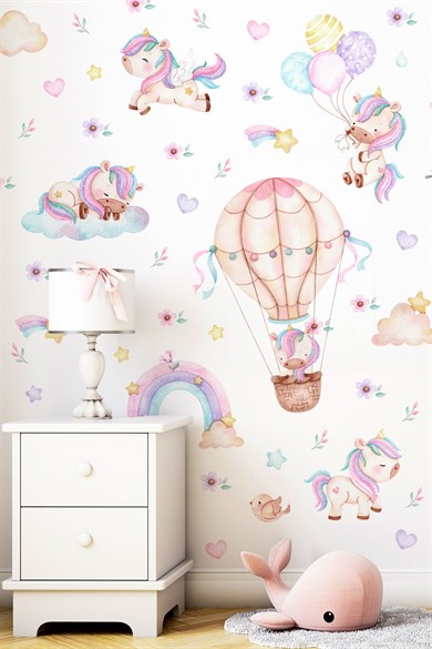 Unicorn Duvar Sticker Seti 125 Parça – Balonlu Gökkuşağı ve Uçan Unicorn Çocuk Odası Duvar Süsü
