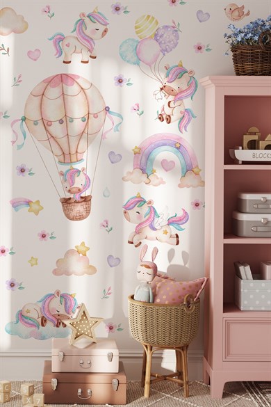 Unicorn Duvar Sticker Seti 125 Parça – Balonlu Gökkuşağı ve Uçan Unicorn Çocuk Odası Duvar Süsü