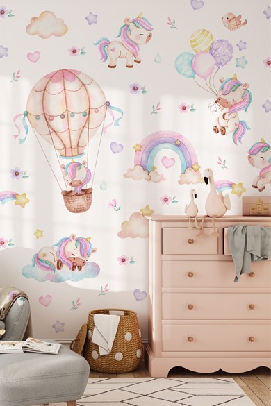 Unicorn Duvar Sticker Seti 125 Parça – Balonlu Gökkuşağı ve Uçan Unicorn Çocuk Odası Duvar Süsü