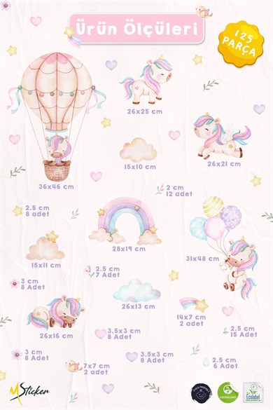Unicorn Duvar Sticker Seti 125 Parça – Balonlu Gökkuşağı ve Uçan Unicorn Çocuk Odası Duvar Süsü