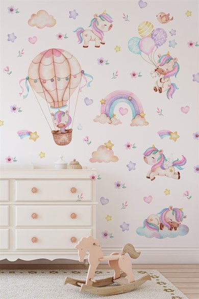 Unicorn Duvar Sticker Seti 125 Parça – Balonlu Gökkuşağı ve Uçan Unicorn Çocuk Odası Duvar Süsü
