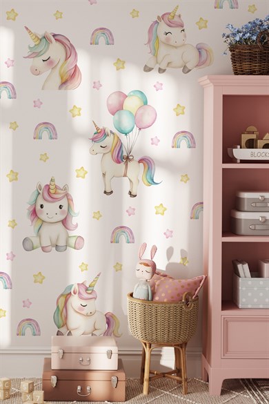 Unicorn Duvar Sticker Seti 72 Parça – Gökkuşağı, Balonlu Unicorn ve Yıldızlar – Kız Çocuk ve Bebek