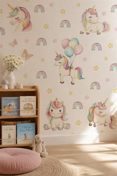 Unicorn Duvar Sticker Seti 72 Parça – Gökkuşağı, Balonlu Unicorn ve Yıldızlar – Kız Çocuk ve Bebek