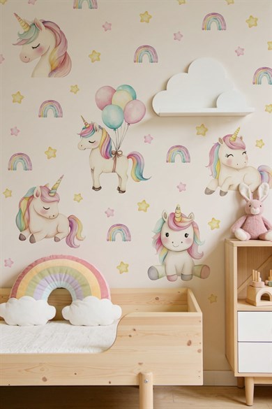 Unicorn Duvar Sticker Seti 72 Parça – Gökkuşağı, Balonlu Unicorn ve Yıldızlar – Kız Çocuk ve Bebek