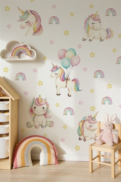 Unicorn Duvar Sticker Seti 72 Parça – Gökkuşağı, Balonlu Unicorn ve Yıldızlar – Kız Çocuk ve Bebek