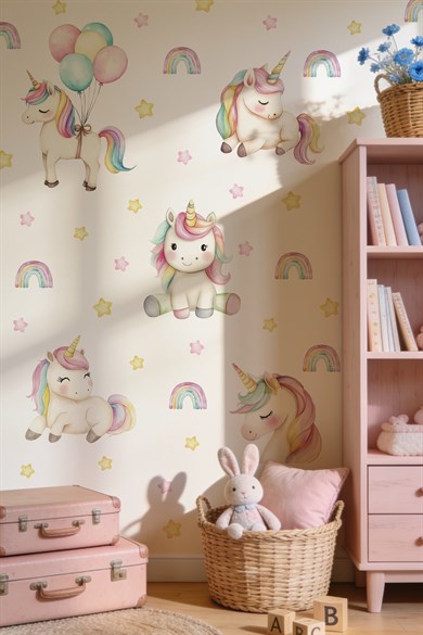 Unicorn Duvar Sticker Seti 72 Parça – Gökkuşağı, Balonlu Unicorn ve Yıldızlar – Kız Çocuk ve Bebek