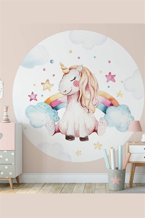 Unıcorn Gökkuşağı Bulut ve Yıldızlar Yuvarlak Çocuk Odası Sticker