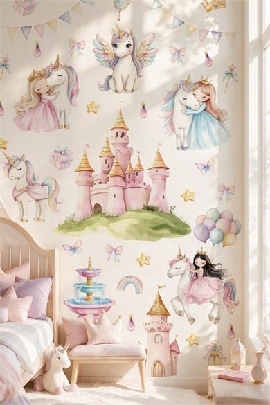 Unicorn Prenses Şato Duvar Sticker Seti 62 Parça – Kız Çocuk Odası Pastel Unicorn ve Masal Şatosu