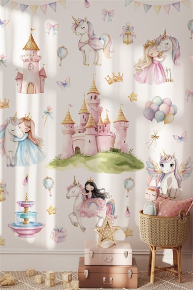 Unicorn Prenses Şato Duvar Sticker Seti 62 Parça – Kız Çocuk Odası Pastel Unicorn ve Masal Şatosu