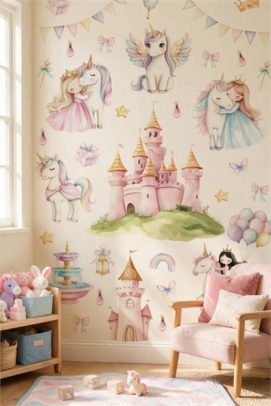 Unicorn Prenses Şato Duvar Sticker Seti 62 Parça – Kız Çocuk Odası Pastel Unicorn ve Masal Şatosu