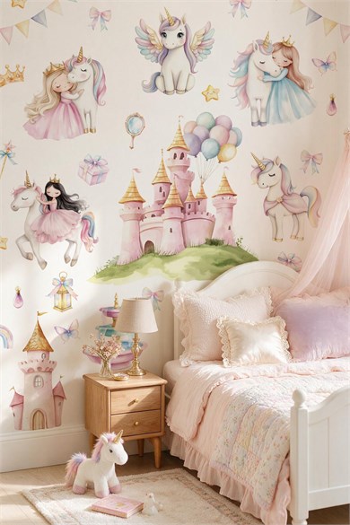 Unicorn Prenses Şato Duvar Sticker Seti 62 Parça – Kız Çocuk Odası Pastel Unicorn ve Masal Şatosu