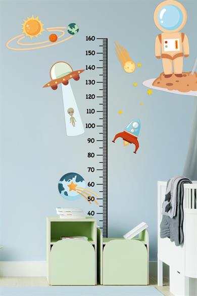 Uzay Figürlü Boy Cetveli Boy Ölçer Sticker Çocuk Bebek Odası Duvar Sticker Seti