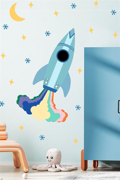 Uzay Mekiği Yıldızlar ve Figürler Çocuk Bebek Odası Duvar Sticker Seti