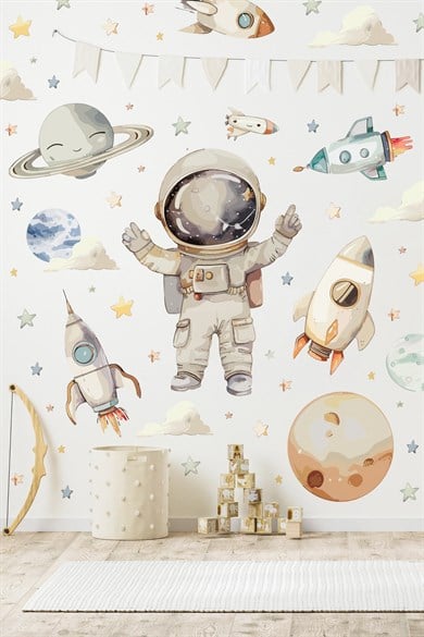 Uzay Temalı Duvar Sticker Seti 165 Parça – Astronot, Roket, Gezegen Çocuk Odası Duvar | Büyük Boy