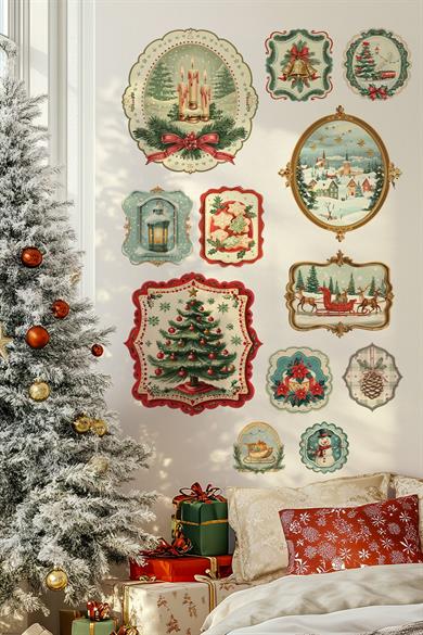 Vintage Noel Temalı Duvar Sticker Seti | 11 Parça Retro Christmas Dekor Seti | Dekoratif Sticker