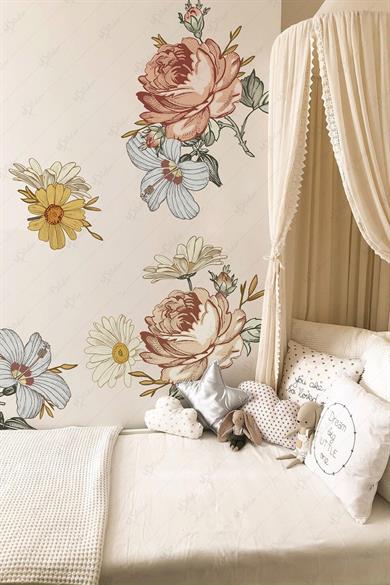 Vintage Soft Kahve Tonlarında Çiçekler Çocuk Odası Sticker Seti