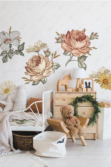 Vintage Soft Kahve Tonlarında Çiçekler Çocuk Odası Sticker Seti