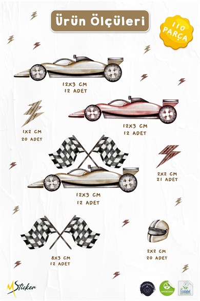 Vintage Yarış Arabası Çocuk Odası Duvar Sticker Seti – Formula Araba, Yarış Bayrağı ve Kask –110 Prç