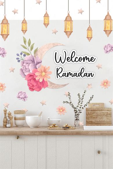 Welcome Ramadan Çiçekler Soft Renkli Fenerler Cam Duvar Sticker Seti Ramazan Süsü