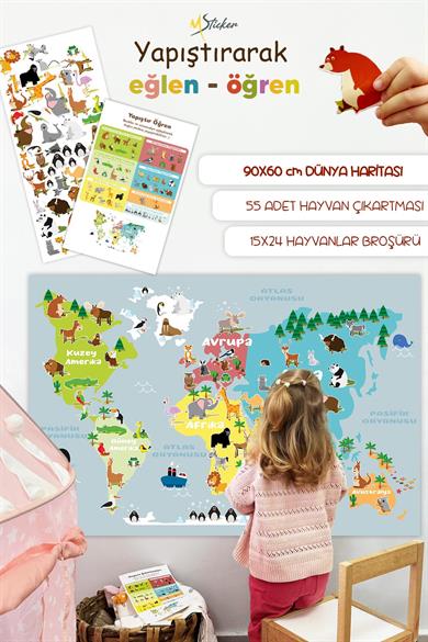 Yapıştır ve Öğren Eğitici ve Öğretici Dünya Haritası Çocuk Odası Duvar Sticker, 56 Parça
