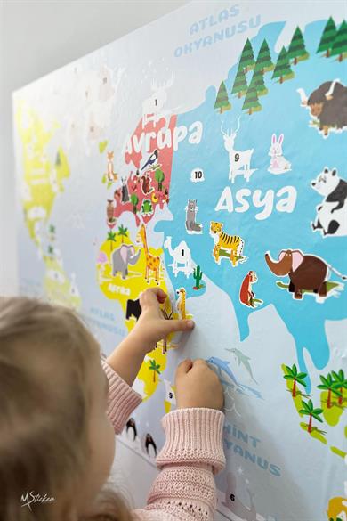 Yapıştır ve Öğren Eğitici ve Öğretici Dünya Haritası Çocuk Odası Duvar Sticker, 56 Parça