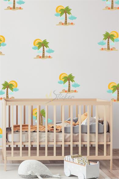 Yaz Temalı Palmiye Sticker Seti, Palmiye Güneş ve Kum Çocuk Bebek Odası Sticker Seti
