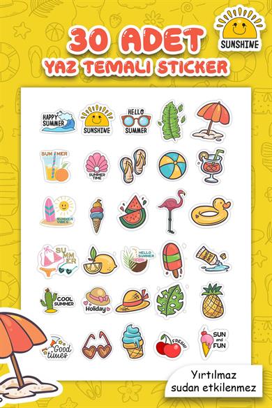 Yaz Temalı Sudan Etkilenmeyen Sticker Seti 30 Parça Tüm Yüzeylere Uygun Sticker Deniz Tatil Sticker