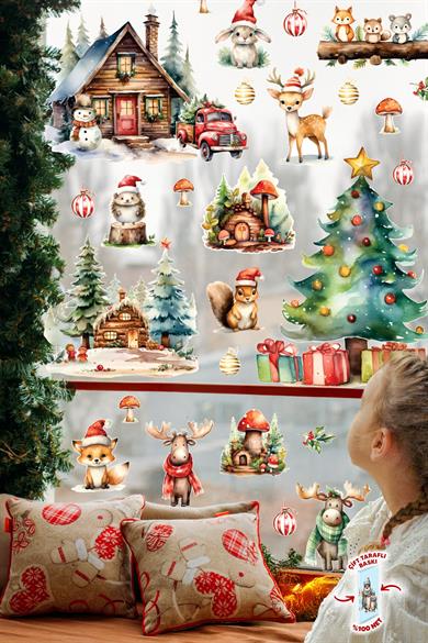 Yeni Nesil Çift Taraflı Baskılı Yılbaşı Cam Sticker Seti – Orman Dostları & Kış Masalı Temalı