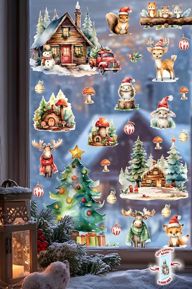 Yeni Nesil Çift Taraflı Baskılı Yılbaşı Cam Sticker Seti – Orman Dostları & Kış Masalı Temalı