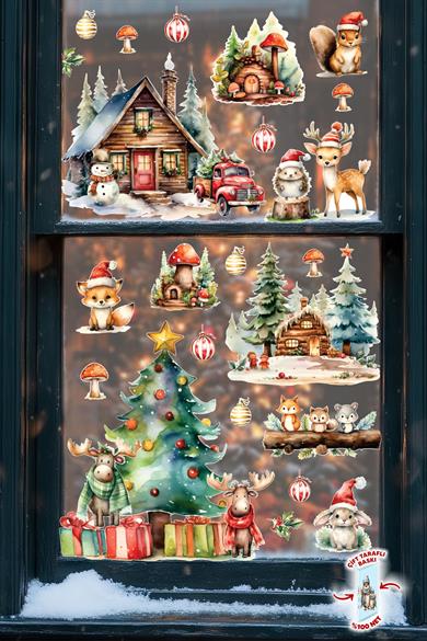 Yeni Nesil Çift Taraflı Baskılı Yılbaşı Cam Sticker Seti – Orman Dostları & Kış Masalı Temalı