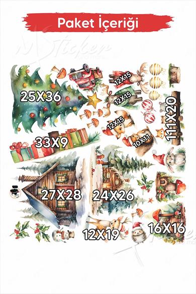 Yeni Nesil Çift Taraflı Baskılı Yılbaşı Cam Sticker Seti – Orman Dostları & Kış Masalı Temalı