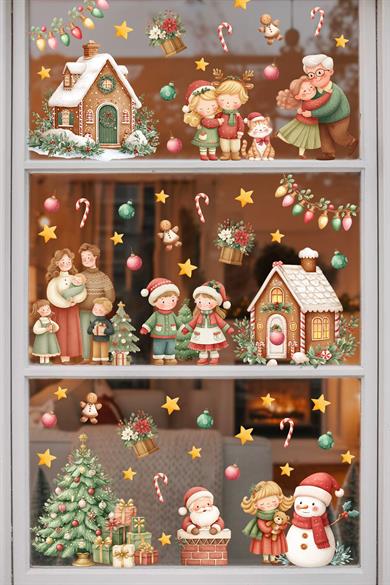 Yeni Yıl Cam Sticker Seti | Büyük Boy Aile & Noel Evi Temalı 80+ Parça Çift Taraflı Pencere Süsü