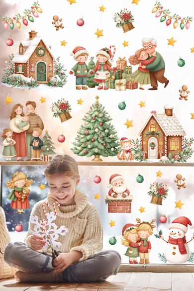 Yeni Yıl Cam Sticker Seti | Büyük Boy Aile & Noel Evi Temalı 80+ Parça Çift Taraflı Pencere Süsü
