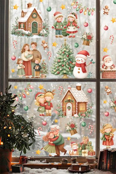Yeni Yıl Cam Sticker Seti | Büyük Boy Aile & Noel Evi Temalı 80+ Parça Çift Taraflı Pencere Süsü