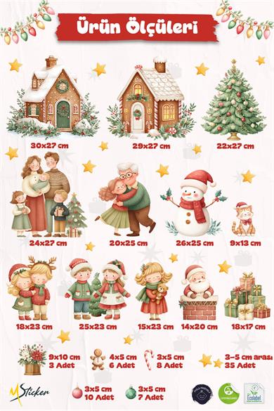 Yeni Yıl Cam Sticker Seti | Büyük Boy Aile & Noel Evi Temalı 80+ Parça Çift Taraflı Pencere Süsü
