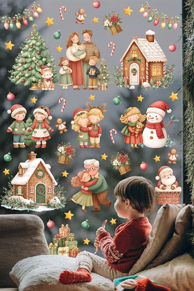 Yeni Yıl Cam Sticker Seti | Büyük Boy Aile & Noel Evi Temalı 80+ Parça Çift Taraflı Pencere Süsü