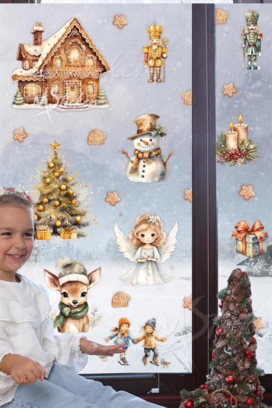 Yeni Yıl Masalı, Sevimli Yılbaşı Figürleri Sticker Seti, Kış Yılbaşı Süsü Sticker Cam Duvar Sticker