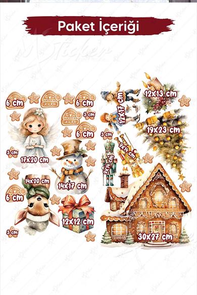 Yeni Yıl Masalı, Sevimli Yılbaşı Figürleri Sticker Seti, Kış Yılbaşı Süsü Sticker Cam Duvar Sticker