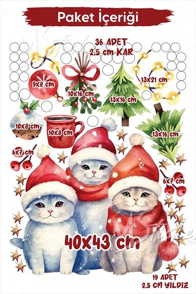 Yeni Yıl Yılbaşı Kedileri Cam Duvar Sticker Seti Sevimli Kediler Kış Konseptli Figürler Yılbaşı Süsü