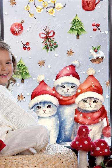 Yeni Yıl Yılbaşı Kedileri Cam Duvar Sticker Seti Sevimli Kediler Kış Konseptli Figürler Yılbaşı Süsü