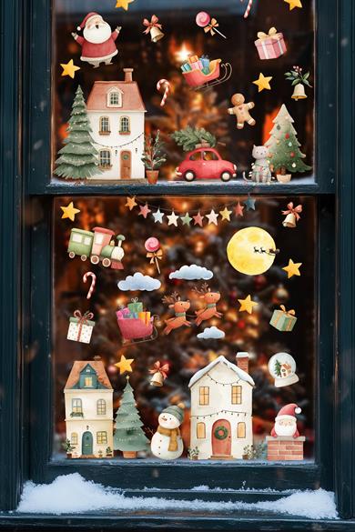 Yılbaşı Cam Sticker Seti – 35+ Parça | Büyük Boy Noel Pencere Süsleri | Çıkart & Yapıştır | Çocuk Odası – Salon – Vitrin