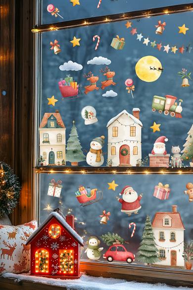 Yılbaşı Cam Sticker Seti – 35+ Parça | Büyük Boy Noel Pencere Süsleri | Çıkart & Yapıştır | Çocuk Odası – Salon – Vitrin