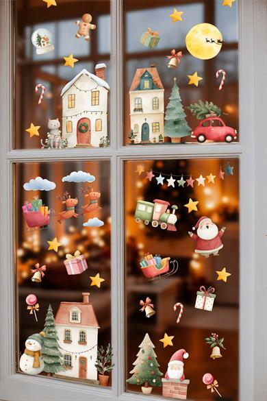 Yılbaşı Cam Sticker Seti – 35+ Parça | Büyük Boy Noel Pencere Süsleri | Çıkart & Yapıştır | Çocuk Odası – Salon – Vitrin
