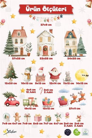 Yılbaşı Cam Sticker Seti – 35+ Parça | Büyük Boy Noel Pencere Süsleri | Çıkart & Yapıştır | Çocuk Odası – Salon – Vitrin