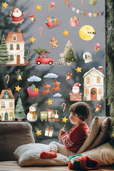 Yılbaşı Cam Sticker Seti – 35+ Parça | Büyük Boy Noel Pencere Süsleri | Çıkart & Yapıştır | Çocuk Odası – Salon – Vitrin